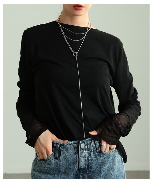 Sawa a la mode(サワアラモード)の「チュールレイヤード風異素材カットソー(Tシャツ/カットソー・レディース・ホワイト/ブラック/グレー・FREE)」の13枚目の写真