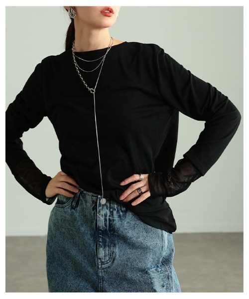 Sawa a la mode(サワアラモード)の「チュールレイヤード風異素材カットソー(Tシャツ/カットソー・レディース・ホワイト/ブラック/グレー・FREE)」の17枚目の写真