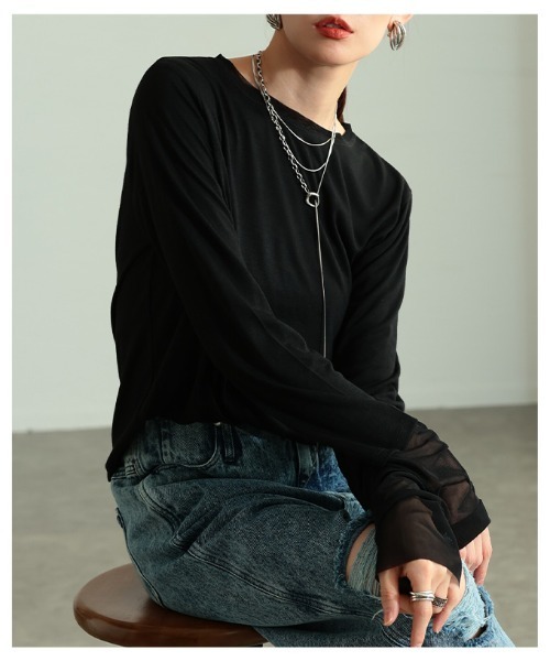 Sawa a la mode(サワアラモード)の「チュールレイヤード風異素材カットソー(Tシャツ/カットソー・レディース・ホワイト/ブラック/グレー・FREE)」の18枚目の写真