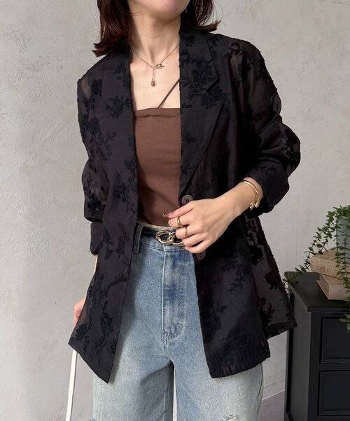 Thevon（ゼボン）の「花柄シアーテーラードジャケット（テーラードジャケット・レディース・アイボリー/ブラック・FREE）」の2枚目の写真