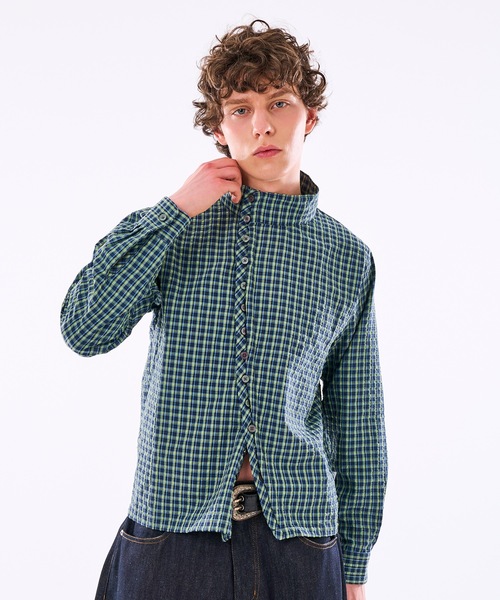 WISH FOR EVER(ウィッシュフォーエバー)の「【 3color / 3size 】ASYMMETRICAL STAND NECK BUTTON SEERSOCCER SHIRT / アシンメトリースタンドネックシアサッカーシャツ(シャツ/ブラウス・メンズ・ネイビー/グリーン/ピンク・MEDIUM/SMALL/LARGE)」の1枚目の写真