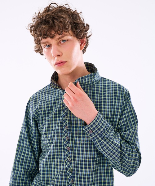 WISH FOR EVER(ウィッシュフォーエバー)の「【 3color / 3size 】ASYMMETRICAL STAND NECK BUTTON SEERSOCCER SHIRT / アシンメトリースタンドネックシアサッカーシャツ(シャツ/ブラウス・メンズ・ネイビー/グリーン/ピンク・MEDIUM/SMALL/LARGE)」の21枚目の写真