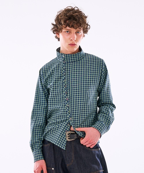 WISH FOR EVER(ウィッシュフォーエバー)の「【 3color / 3size 】ASYMMETRICAL STAND NECK BUTTON SEERSOCCER SHIRT / アシンメトリースタンドネックシアサッカーシャツ(シャツ/ブラウス・メンズ・ネイビー/グリーン/ピンク・MEDIUM/SMALL/LARGE)」の22枚目の写真