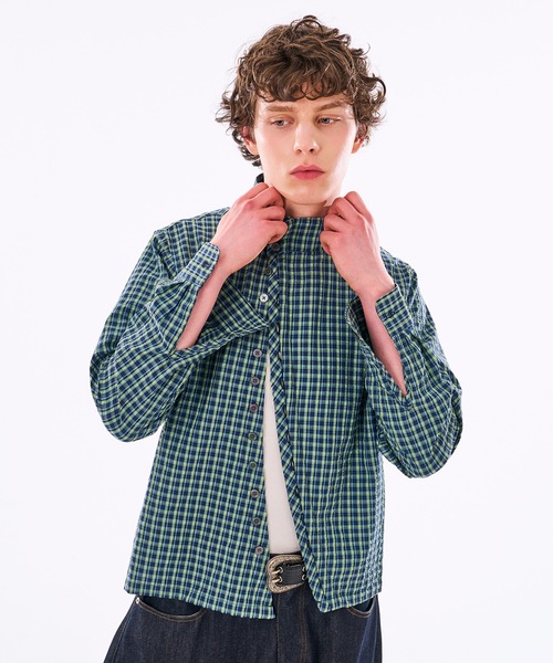 WISH FOR EVER(ウィッシュフォーエバー)の「【 3color / 3size 】ASYMMETRICAL STAND NECK BUTTON SEERSOCCER SHIRT / アシンメトリースタンドネックシアサッカーシャツ(シャツ/ブラウス・メンズ・ネイビー/グリーン/ピンク・MEDIUM/SMALL/LARGE)」の15枚目の写真