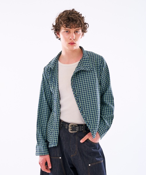 WISH FOR EVER(ウィッシュフォーエバー)の「【 3color / 3size 】ASYMMETRICAL STAND NECK BUTTON SEERSOCCER SHIRT / アシンメトリースタンドネックシアサッカーシャツ(シャツ/ブラウス・メンズ・ネイビー/グリーン/ピンク・MEDIUM/SMALL/LARGE)」の17枚目の写真