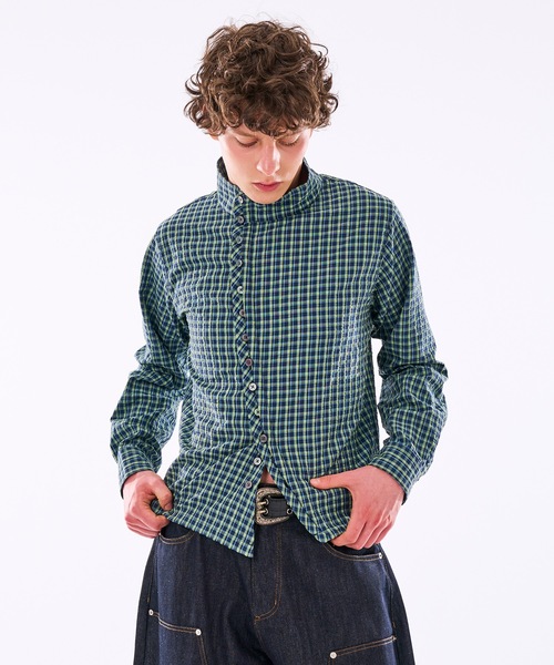 WISH FOR EVER(ウィッシュフォーエバー)の「【 3color / 3size 】ASYMMETRICAL STAND NECK BUTTON SEERSOCCER SHIRT / アシンメトリースタンドネックシアサッカーシャツ(シャツ/ブラウス・メンズ・ネイビー/グリーン/ピンク・MEDIUM/SMALL/LARGE)」の19枚目の写真