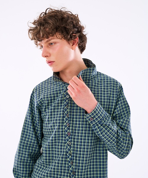 WISH FOR EVER(ウィッシュフォーエバー)の「【 3color / 3size 】ASYMMETRICAL STAND NECK BUTTON SEERSOCCER SHIRT / アシンメトリースタンドネックシアサッカーシャツ(シャツ/ブラウス・メンズ・ネイビー/グリーン/ピンク・MEDIUM/SMALL/LARGE)」の20枚目の写真