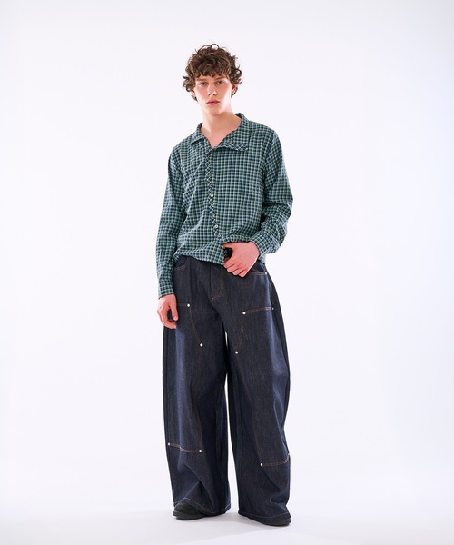 WISH FOR EVER(ウィッシュフォーエバー)の「【 3color / 3size 】ASYMMETRICAL STAND NECK BUTTON SEERSOCCER SHIRT / アシンメトリースタンドネックシアサッカーシャツ(シャツ/ブラウス・メンズ・ネイビー/グリーン/ピンク・MEDIUM/SMALL/LARGE)」の5枚目の写真