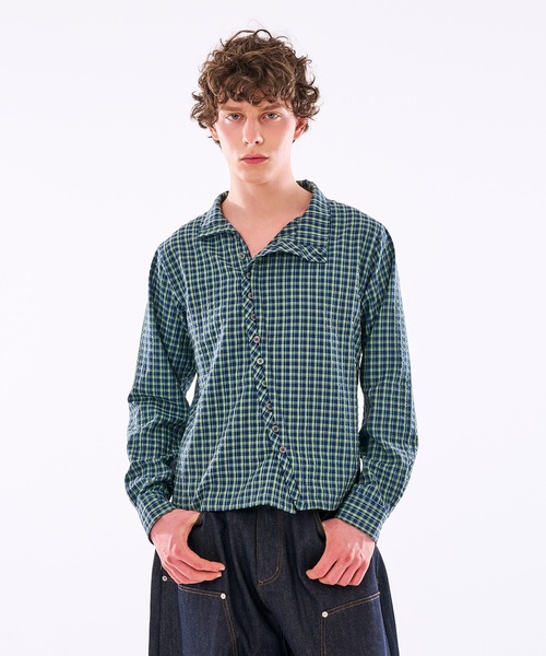 WISH FOR EVER(ウィッシュフォーエバー)の「【 3color / 3size 】ASYMMETRICAL STAND NECK BUTTON SEERSOCCER SHIRT / アシンメトリースタンドネックシアサッカーシャツ(シャツ/ブラウス・メンズ・ネイビー/グリーン/ピンク・MEDIUM/SMALL/LARGE)」の14枚目の写真