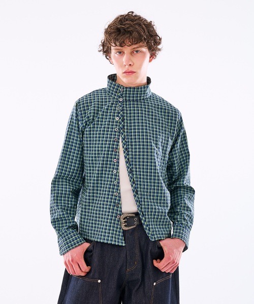 WISH FOR EVER(ウィッシュフォーエバー)の「【 3color / 3size 】ASYMMETRICAL STAND NECK BUTTON SEERSOCCER SHIRT / アシンメトリースタンドネックシアサッカーシャツ(シャツ/ブラウス・メンズ・ネイビー/グリーン/ピンク・MEDIUM/SMALL/LARGE)」の18枚目の写真