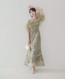 Leja（レジャ）の「【LEJA】フロントチュールフリルフラワースパンコールマーメイドワンピースドレス美脚効果結婚式 パーティードレス 成人式 二次会 同窓会 お呼ばれ オケージョン 20代 30代（ドレス）」
