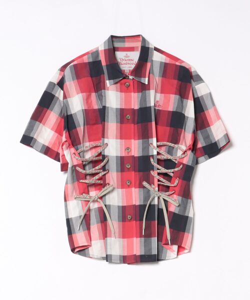 Vivienne Westwood(ヴィヴィアンウエストウッド)の「コットンキュプラチェックサイドレースアップシャツ(シャツ/ブラウス・レディース・グリーン系その他2/レッド系その他・FREE)」の2枚目の写真