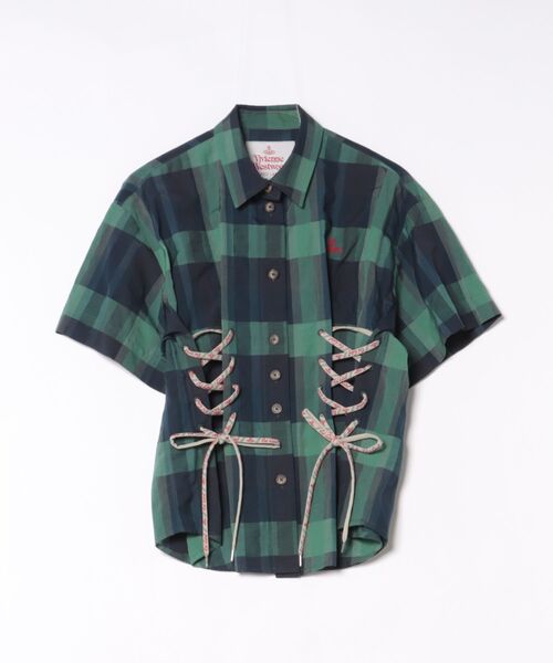Vivienne Westwood(ヴィヴィアンウエストウッド)の「コットンキュプラチェックサイドレースアップシャツ(シャツ/ブラウス・レディース・グリーン系その他2/レッド系その他・FREE)」の1枚目の写真