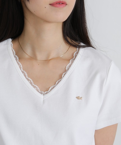 pumpkin port(パンプキンポート)の「Vネック レース付き ワンコプレート ポイント 半袖Tシャツ(Tシャツ/カットソー・レディース・ホワイト/ブラック/グレー・M/L/LL)」の4枚目の写真