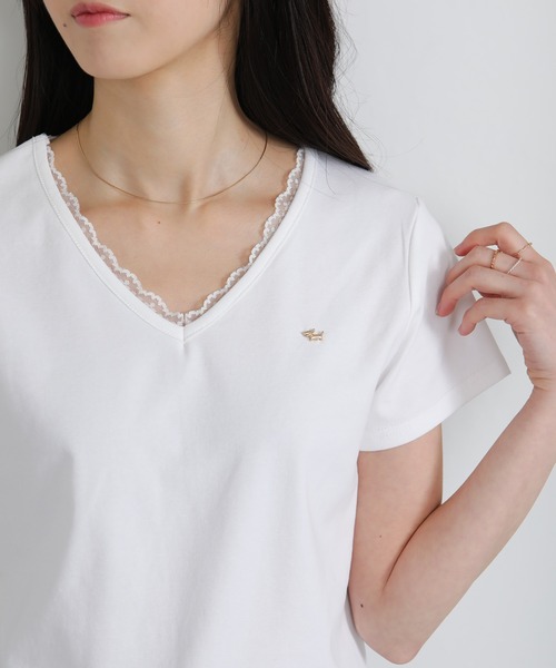 pumpkin port(パンプキンポート)の「Vネック レース付き ワンコプレート ポイント 半袖Tシャツ(Tシャツ/カットソー・レディース・ホワイト/ブラック/グレー・M/L/LL)」の5枚目の写真