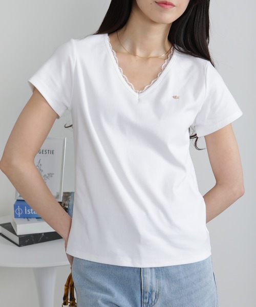 pumpkin port(パンプキンポート)の「Vネック レース付き ワンコプレート ポイント 半袖Tシャツ(Tシャツ/カットソー・レディース・ホワイト/ブラック/グレー・M/L/LL)」の8枚目の写真