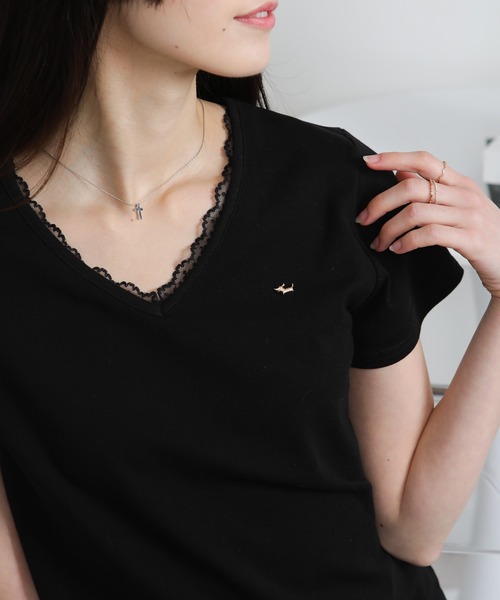 pumpkin port(パンプキンポート)の「Vネック レース付き ワンコプレート ポイント 半袖Tシャツ(Tシャツ/カットソー・レディース・ホワイト/ブラック/グレー・M/L/LL)」の12枚目の写真