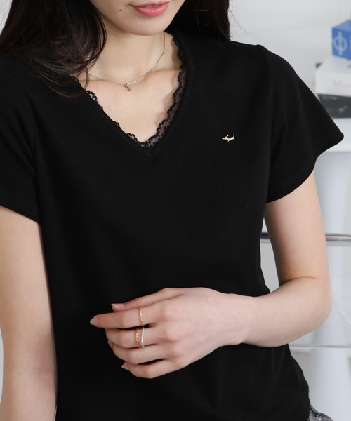 pumpkin port(パンプキンポート)の「Vネック レース付き ワンコプレート ポイント 半袖Tシャツ(Tシャツ/カットソー・レディース・ホワイト/ブラック/グレー・M/L/LL)」の13枚目の写真