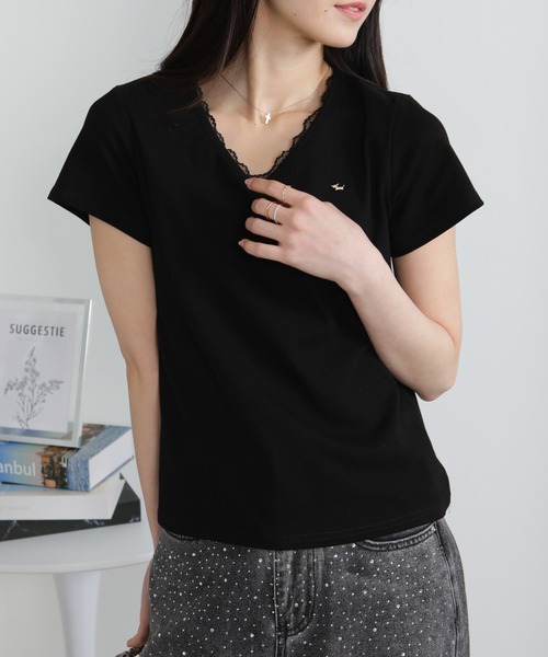 pumpkin port(パンプキンポート)の「Vネック レース付き ワンコプレート ポイント 半袖Tシャツ(Tシャツ/カットソー・レディース・ホワイト/ブラック/グレー・M/L/LL)」の14枚目の写真