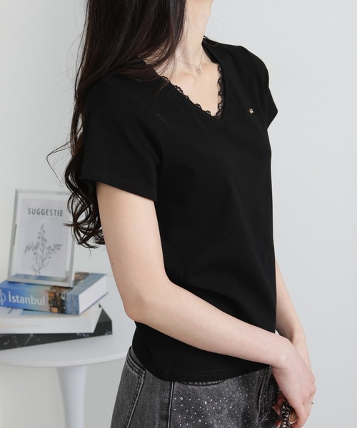 pumpkin port(パンプキンポート)の「Vネック レース付き ワンコプレート ポイント 半袖Tシャツ(Tシャツ/カットソー・レディース・ホワイト/ブラック/グレー・M/L/LL)」の16枚目の写真