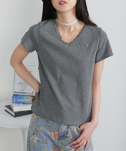 pumpkin port(パンプキンポート)の「Vネック レース付き ワンコプレート ポイント 半袖Tシャツ(Tシャツ/カットソー・レディース・ホワイト/ブラック/グレー・M/L/LL)」の20枚目の写真