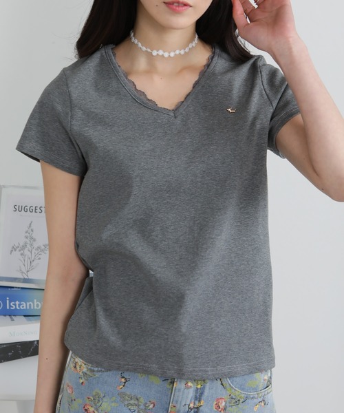 pumpkin port(パンプキンポート)の「Vネック レース付き ワンコプレート ポイント 半袖Tシャツ(Tシャツ/カットソー・レディース・ホワイト/ブラック/グレー・M/L/LL)」の21枚目の写真