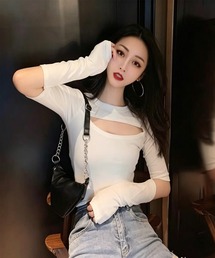 カットアウトデザイン ロングスリーブ クロップドトップス
