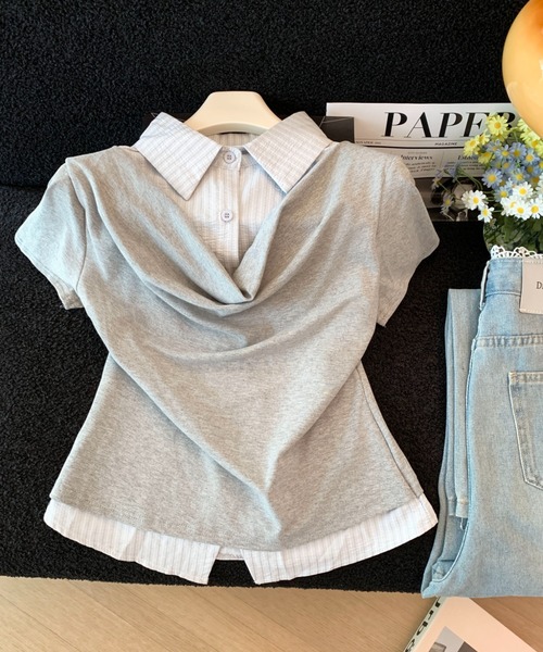 LUCPY(ラクピー)の「レイヤード風ドレープデザイン半袖トップス(その他トップス・レディース・グレー/ホワイト・LARGE/MEDIUM/SMALL)」の2枚目の写真