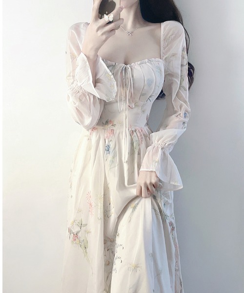 LUCPY(ラクピー)の「シアーフラワープリントロングワンピース(ワンピース・レディース・ホワイト・X-LARGE/LARGE/MEDIUM/SMALL)」の3枚目の写真