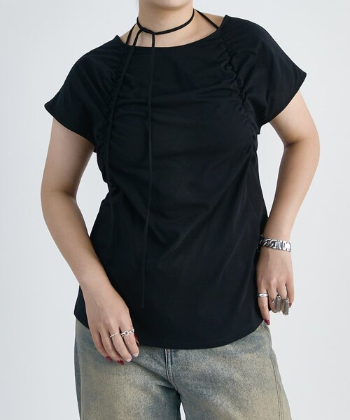 Lui's（ルイス）の「フロントギャザーホルターネックプルオーバーTシャツ（Tシャツ/カットソー・レディース・ブラウン/オフホワイト/ブラック・FREE）」の2枚目の写真