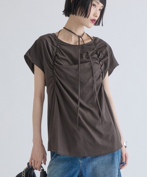 Lui's（ルイス）の「フロントギャザーホルターネックプルオーバーTシャツ（Tシャツ/カットソー・レディース・ブラウン/オフホワイト/ブラック・FREE）」の3枚目の写真