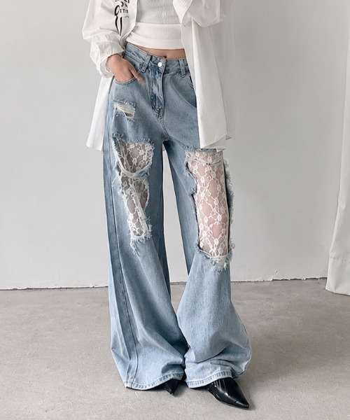 MELT(メルト)の「レース切替クラッシュデニムパンツ(デニムパンツ・レディース・ブルー・L/M/S)」の1枚目の写真