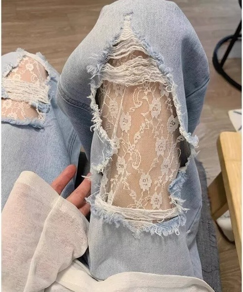 MELT(メルト)の「レース切替クラッシュデニムパンツ(デニムパンツ・レディース・ブルー・L/M/S)」の7枚目の写真