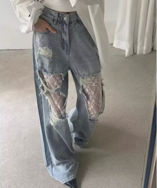 MELT(メルト)の「レース切替クラッシュデニムパンツ(デニムパンツ・レディース・ブルー・L/M/S)」の5枚目の写真