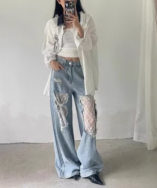 MELT(メルト)の「レース切替クラッシュデニムパンツ(デニムパンツ・レディース・ブルー・L/M/S)」の6枚目の写真