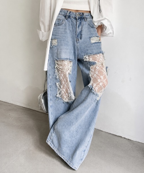MELT(メルト)の「レース切替クラッシュデニムパンツ(デニムパンツ・レディース・ブルー・L/M/S)」の3枚目の写真
