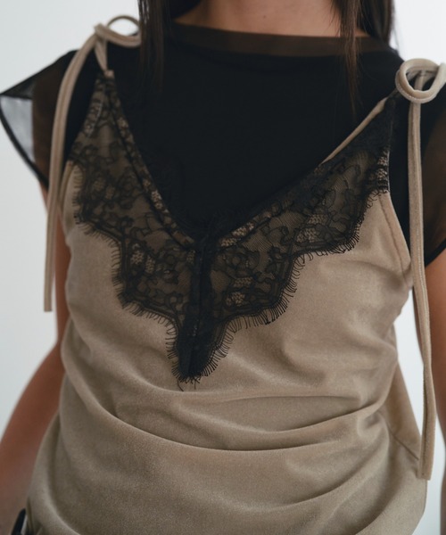 SOEMIN（ソミン）の「Sheer velour lace camisole／シアーベロアレースキャミソール（キャミソール・レディース・ブラック/ホワイト/ベージュ・FREE）」の3枚目の写真