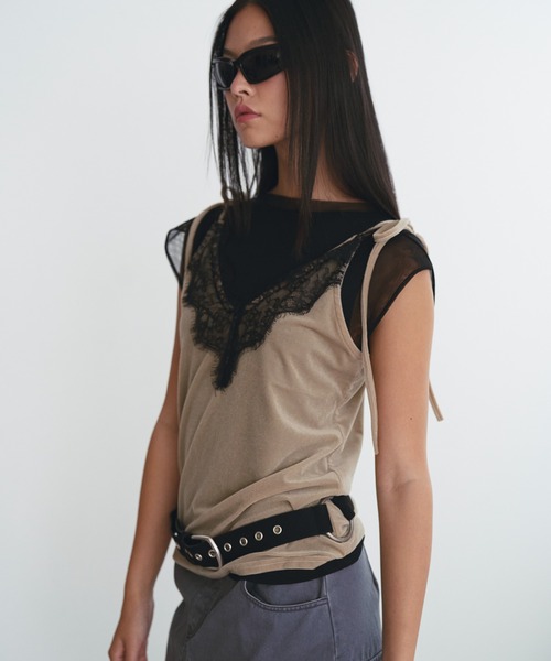 SOEMIN（ソミン）の「Sheer velour lace camisole／シアーベロアレースキャミソール（キャミソール・レディース・ブラック/ホワイト/ベージュ・FREE）」の6枚目の写真
