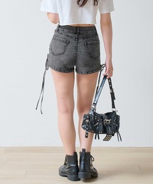 ストレッチデニムウエストクロス 左右裾ルーシュUP ショートパンツ