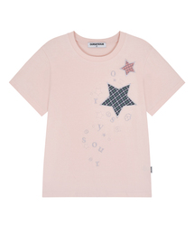 チェックツースターアップリケ刺繍半袖Tシャツライトピンク