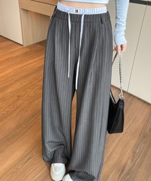 ストライプワイドパンツ ドロストウエストゆったりスラックス