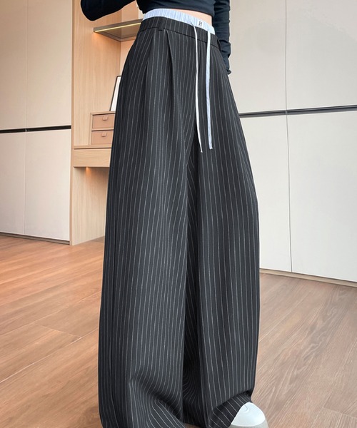 2ly2(トゥーリートゥー)の「ストライプワイドパンツ ドロストウエストゆったりスラックス(その他パンツ・レディース・グレー/ブラック・FREE)」の5枚目の写真