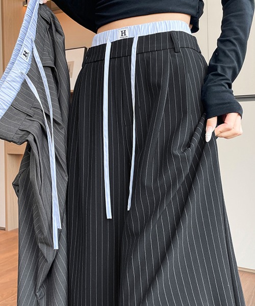 2ly2(トゥーリートゥー)の「ストライプワイドパンツ ドロストウエストゆったりスラックス(その他パンツ・レディース・グレー/ブラック・FREE)」の6枚目の写真
