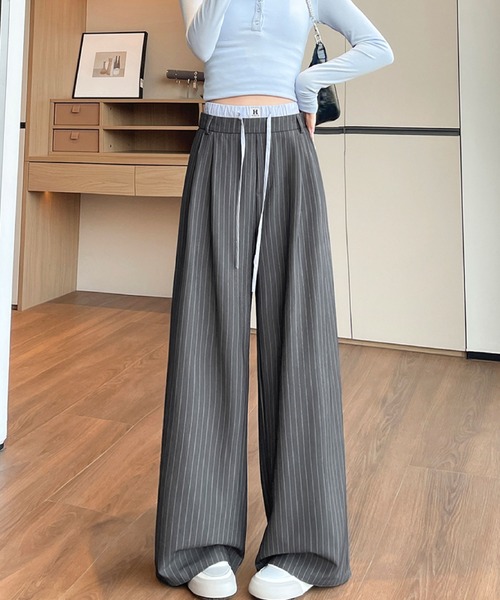2ly2(トゥーリートゥー)の「ストライプワイドパンツ ドロストウエストゆったりスラックス(その他パンツ・レディース・グレー/ブラック・FREE)」の10枚目の写真
