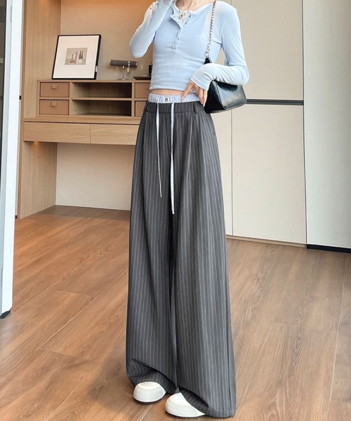 2ly2(トゥーリートゥー)の「ストライプワイドパンツ ドロストウエストゆったりスラックス(その他パンツ・レディース・グレー/ブラック・FREE)」の11枚目の写真