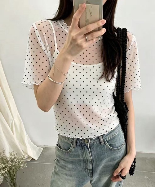 Chiina（チーナ）の「【Chiina】シアードット 半袖トップス（Tシャツ/カットソー・レディース・ホワイト/ブラック・FREE）」の2枚目の写真