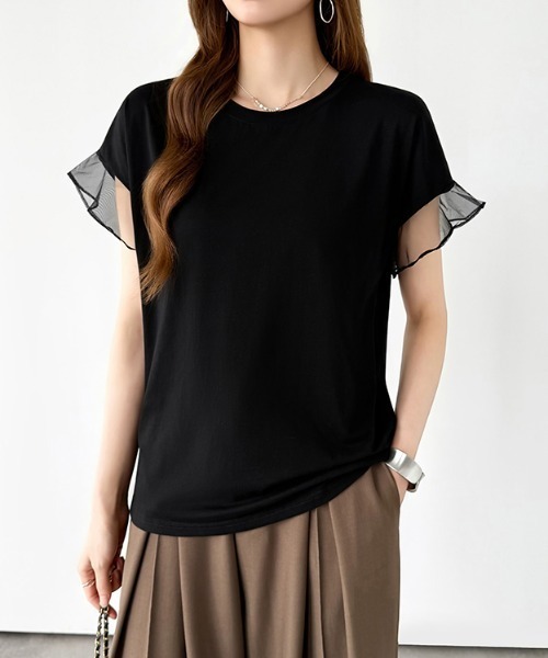 COCOMOMO(ココモモ)の「透け感で差をつける 袖シアーコットンTシャツ シアー 切替 袖チュール トップス カットソー 半袖 Tシャツ チュールドッキング 綿 コットンTシャツ 夏服(Tシャツ/カットソー・レディース・ダークグレー/ブラック/ホワイト・FREE)」の17枚目の写真
