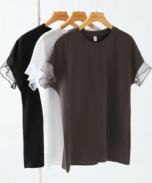 COCOMOMO(ココモモ)の「透け感で差をつける 袖シアーコットンTシャツ シアー 切替 袖チュール トップス カットソー 半袖 Tシャツ チュールドッキング 綿 コットンTシャツ 夏服(Tシャツ/カットソー・レディース・ダークグレー/ブラック/ホワイト・FREE)」の4枚目の写真