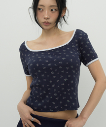 FLORAL BACK SLIT RIB TEE  _ NAVY