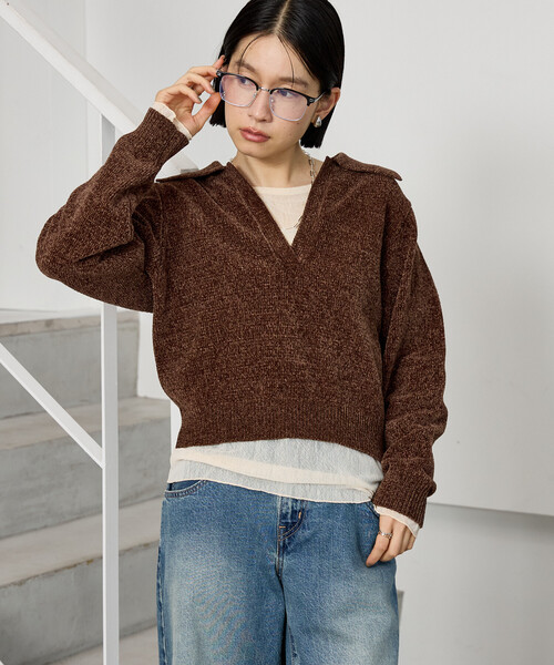 FREAK'S STORE(フリークスストア)の「モール スキッパーニット(ニット/セーター・レディース・ブラウン/オフホワイト/ネイビー・フリ-)」の1枚目の写真